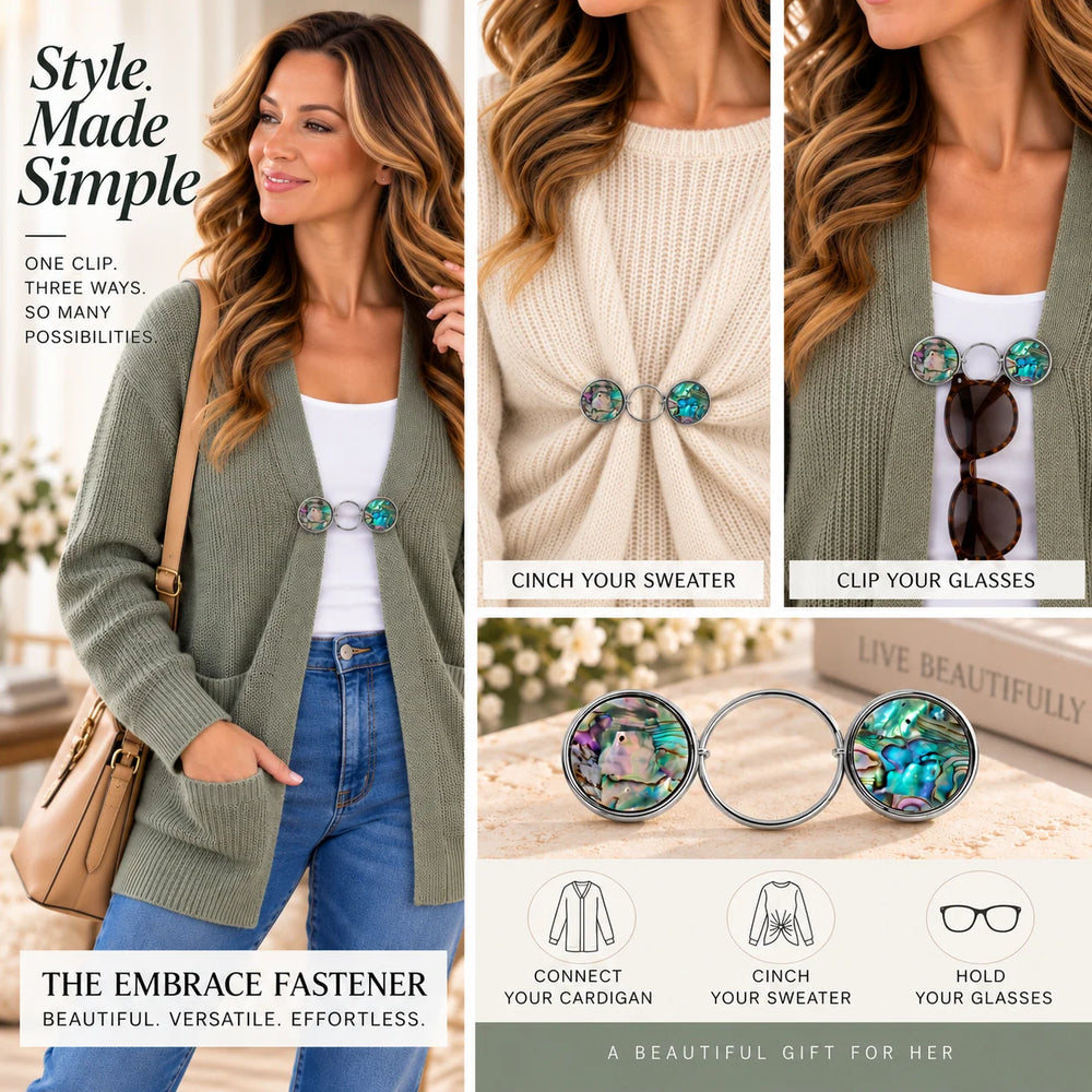 Promotional collage for the Embrace Fastener accessory. The left panel shows a woman wearing the fastener clipped to an olive green cardigan, with text reading 'Style.