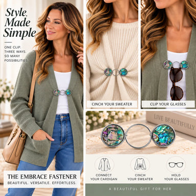 Promotional collage for the Embrace Fastener accessory. The left panel shows a woman wearing the fastener clipped to an olive green cardigan, with text reading 'Style.