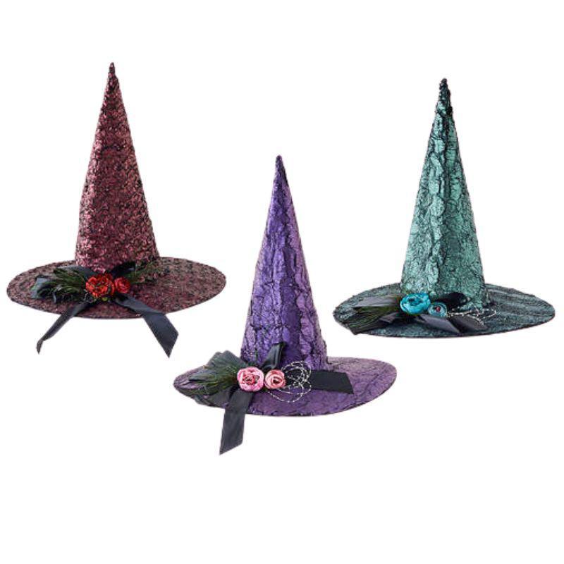 Three decorative witch hats in different colors with floral accents on a white background