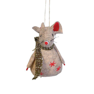 Decorative mouse ornament with a gold scarf on a white background