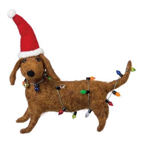 Festive Felt Dachshund with Christmas Lights & Santa Hat – 6" Critter