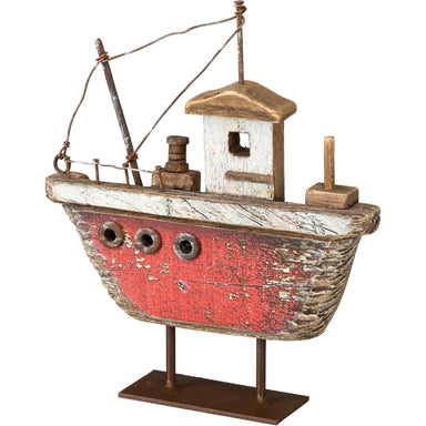 Fishing Boat Red Sitter 5.5"x6.25"x1.5" Coastal Wood Accent