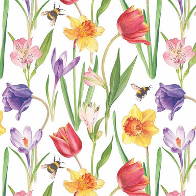 Pattern of colorful flowers and bees on a white background