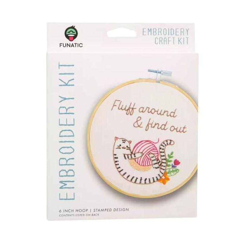 Embroidery craft kit packaging with a hoop and cat design, brand 'Funatic' visible.