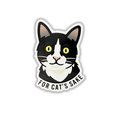 A die-cut sticker featuring a stylized black and white cat face with yellow eyes and the text 'FOR CAT'S SAKE' along the bottom, shown on a plain white background.
