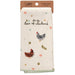 Kitchen towel with chicken design and text 'For the love of chickens' on a white background