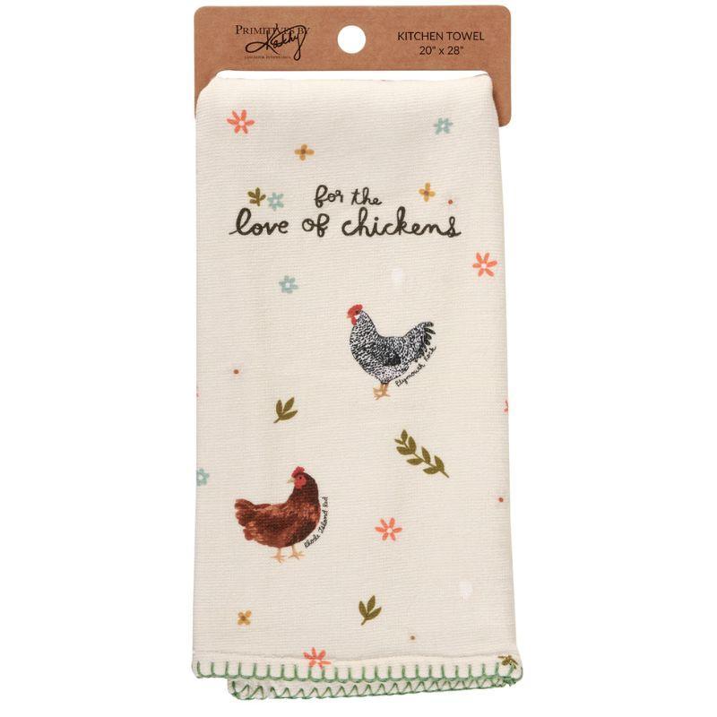 Kitchen towel with chicken design and text 'For the love of chickens' on a white background