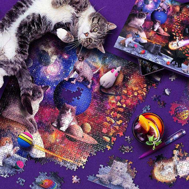 Jigsaw puzzle with cat-themed pieces on a purple surface