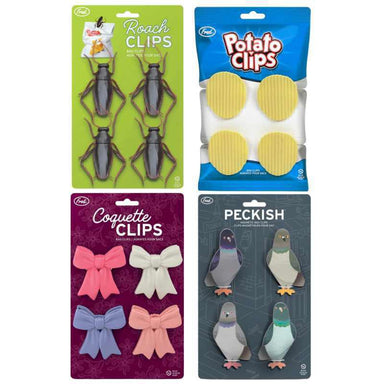 Four packages of themed clips including Roach Clips, Potato Clips, Coquette Clips, and Peckish Clips on a white background.