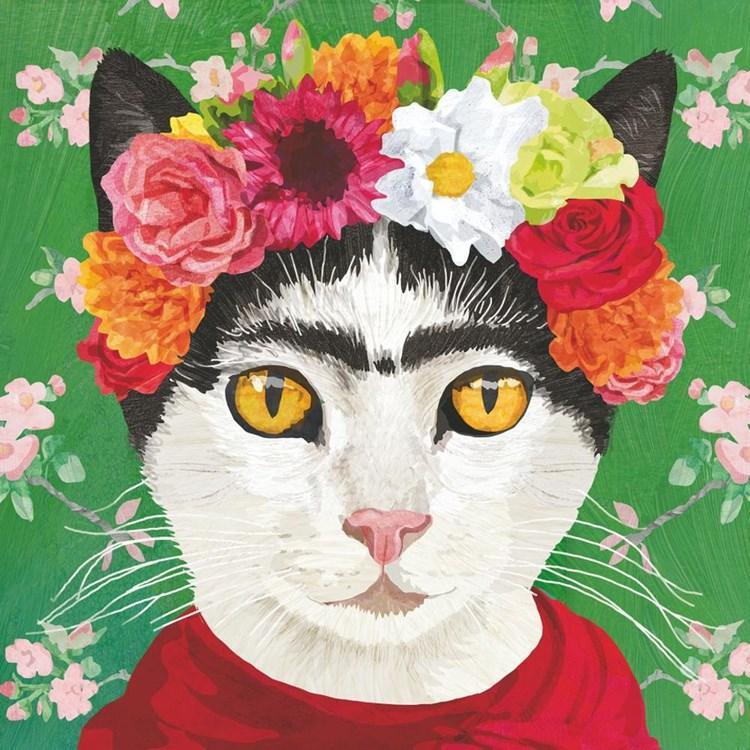 Cat with a floral headband and red garment on a green floral background