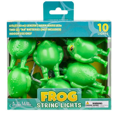 Packaging of frog string lights with green frogs and blue background