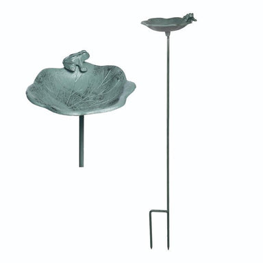 Two garden decorations: a leaf-shaped birdbath and a standing bird silhouette on a white background.