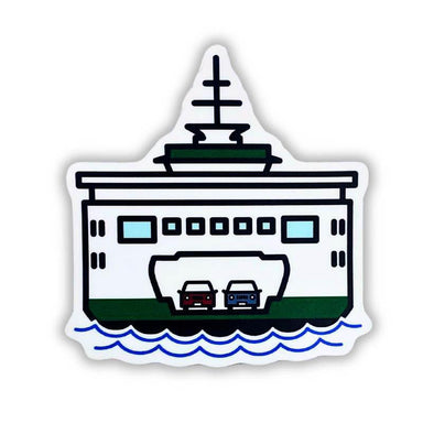 A die-cut sticker featuring a stylized illustration of a ferry boat with two cars on deck, blue wavy lines for water, and a white border on a plain white background.