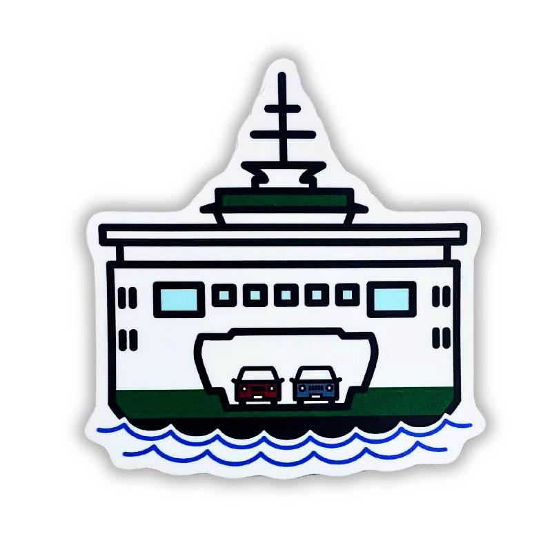 A die-cut sticker featuring a stylized illustration of a ferry boat with two cars on deck, blue wavy lines for water, and a white border on a plain white background.