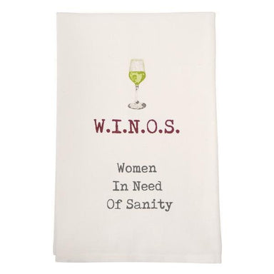White towel with a wine glass graphic and text 'W.I.N.O.S. Women In Need Of Sanity' on a white background