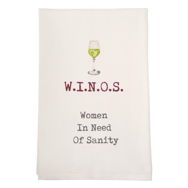 White towel with a wine glass graphic and text 'W.I.N.O.S. Women In Need Of Sanity' on a white background