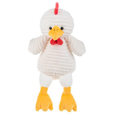 Plush toy chicken with a white body, yellow legs and beak, and red comb on a white background.