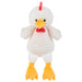 Plush toy chicken with a white body, yellow legs and beak, and red comb on a white background.