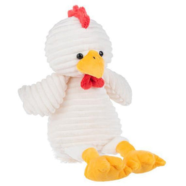 Plush chicken toy with a white body, yellow feet, and red accents on a white background