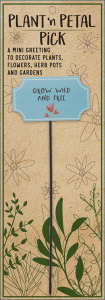 Plant stake with decorative sign on a cardboard backing with floral designs