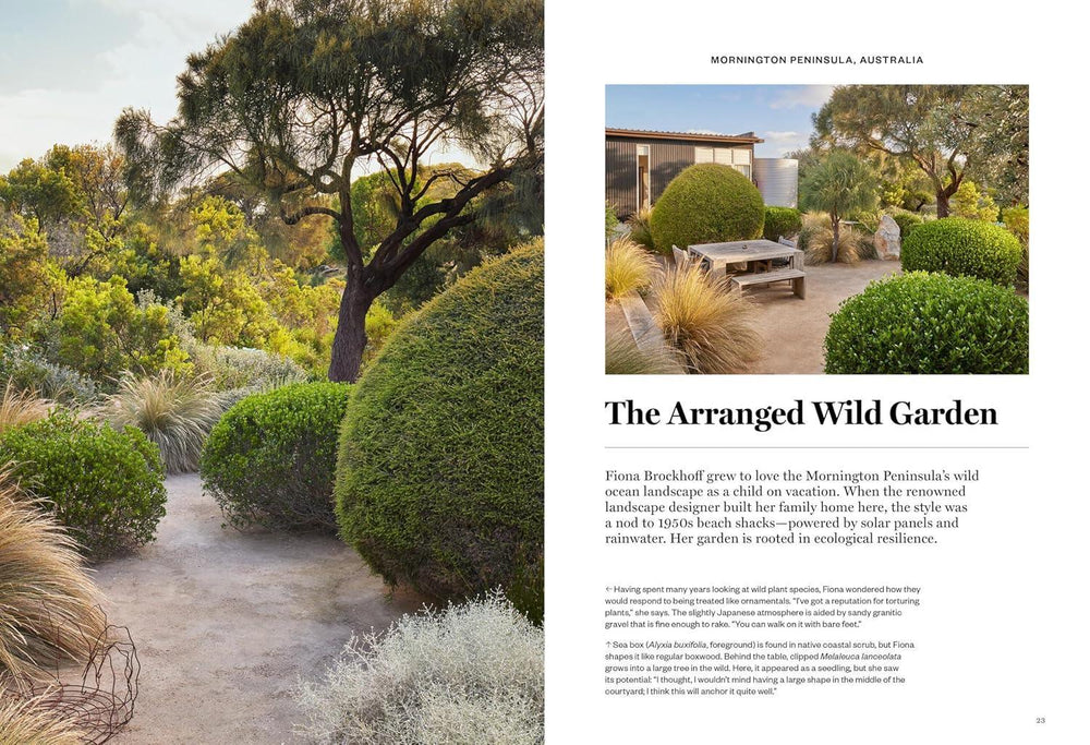 Garden scene with well-maintained plants and a path, featuring text about 'The Arranged Wild Garden' in Warrington Peninsula, Australia.