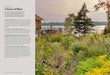 Garden with wildflowers by a dock and house, with text on the left side.