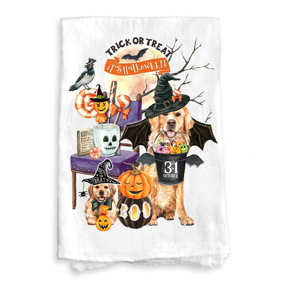 Halloween Dog Lover Trick or Treat Flour Sack Tea Towel