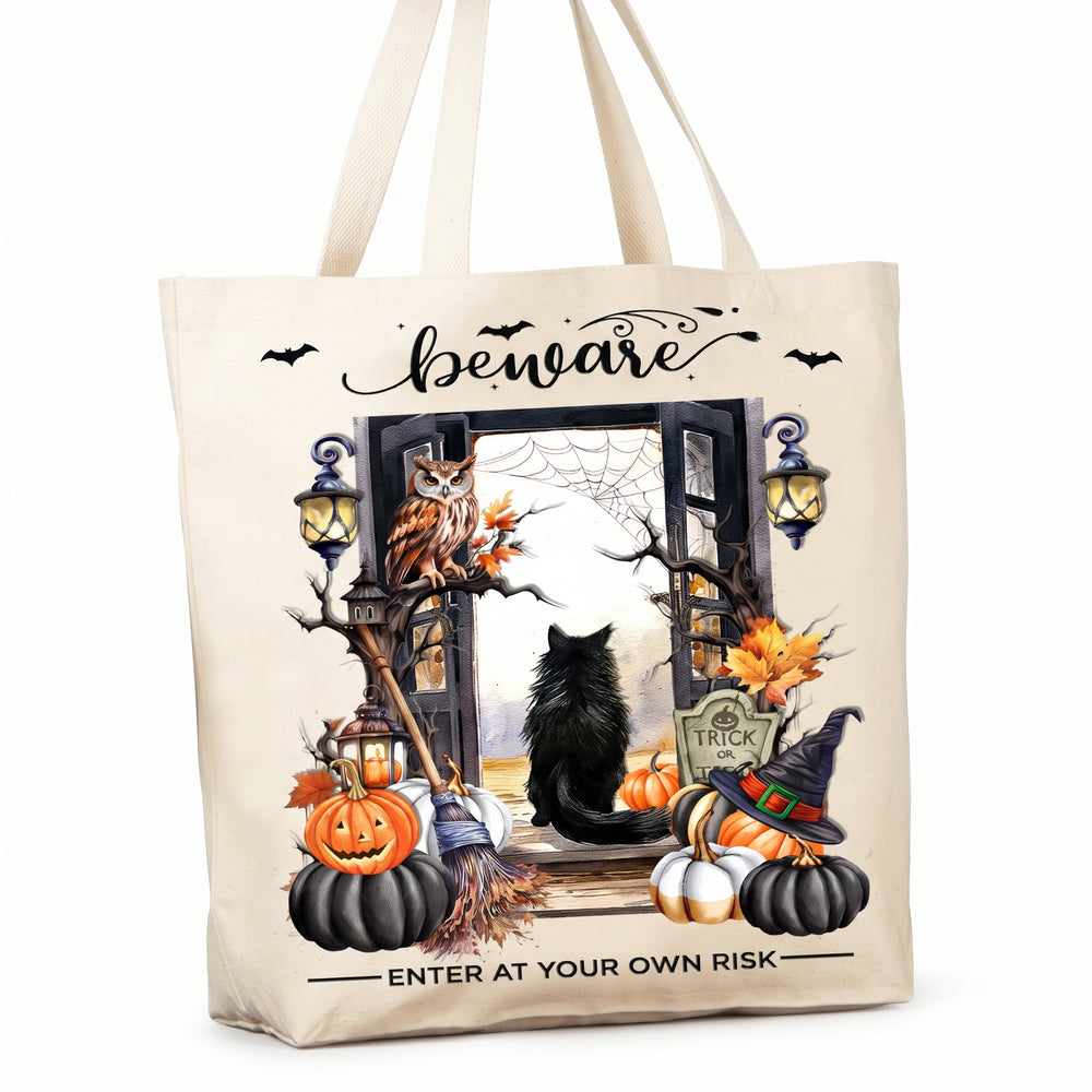 Halloween Beware Black Cat Pumpkins Canvas Tote Bag