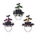Three decorative headbands with black lace, purple roses, and bat designs on a white background.