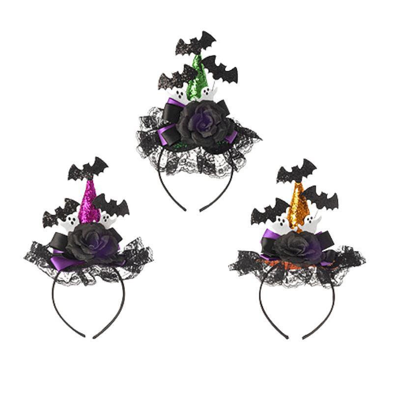 Three decorative headbands with black lace, purple roses, and bat designs on a white background.