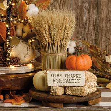Decorative setup with pumpkins, wheat bundle, and 'Give Thanks for Family' sign on a wooden surface.