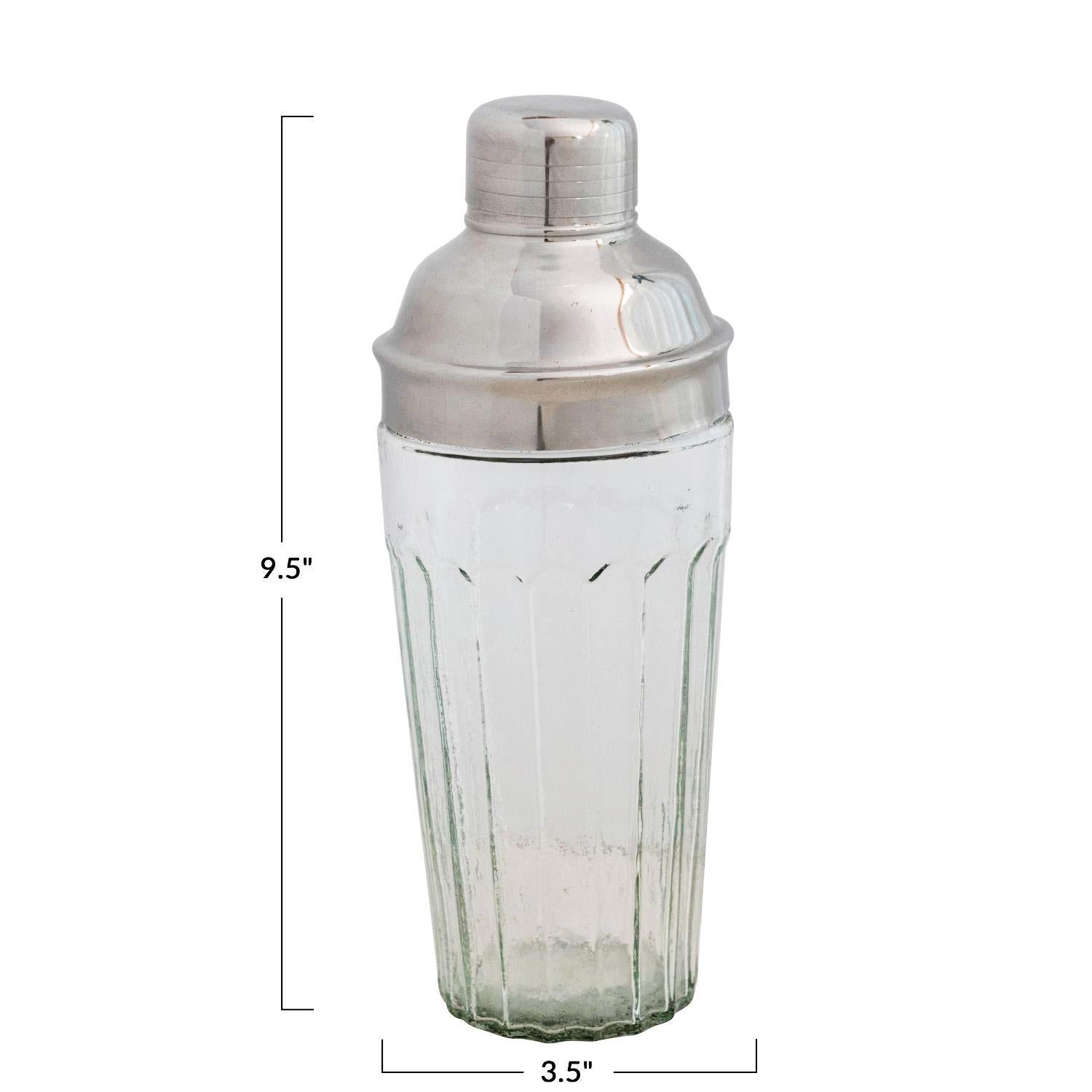 Glass Cocktail Shaker with Stainless Steel Top showing dimensions 