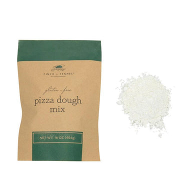 Bag of gluten-free pizza dough mix with a small pile of white powder on a white background