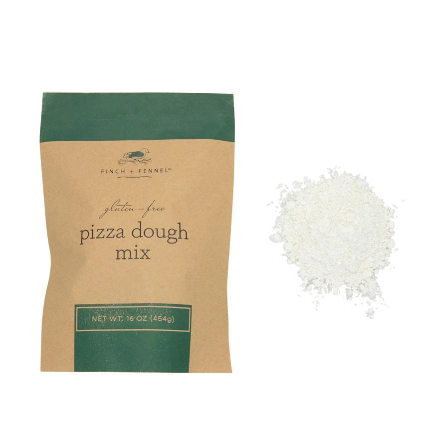 Bag of gluten-free pizza dough mix with a small pile of white powder on a white background