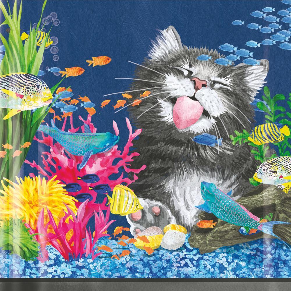 Illustration of a cat in an underwater scene with fish and coral