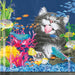 Illustration of a cat in an underwater scene with fish and coral