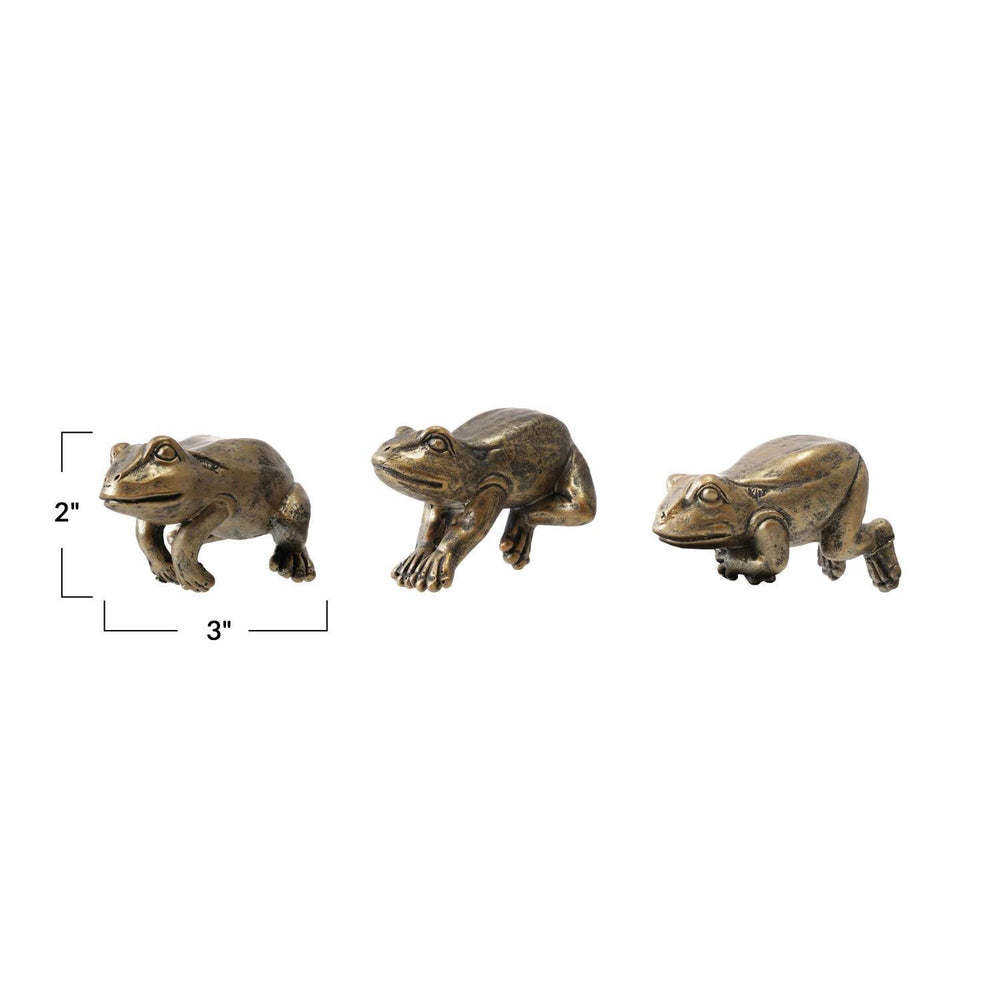 Three bronze frog figurines of different sizes on a white background with measurements.