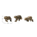 Three bronze frog figurines of different sizes on a white background with measurements.