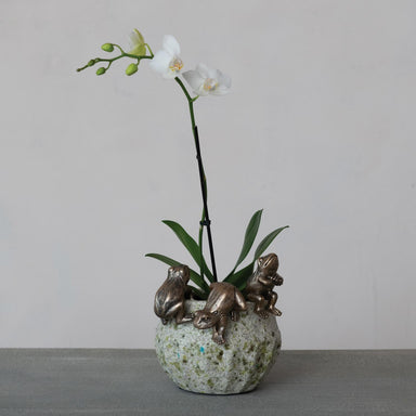 Decorative vase with three frog sculptures and a white orchid on a gray surface.