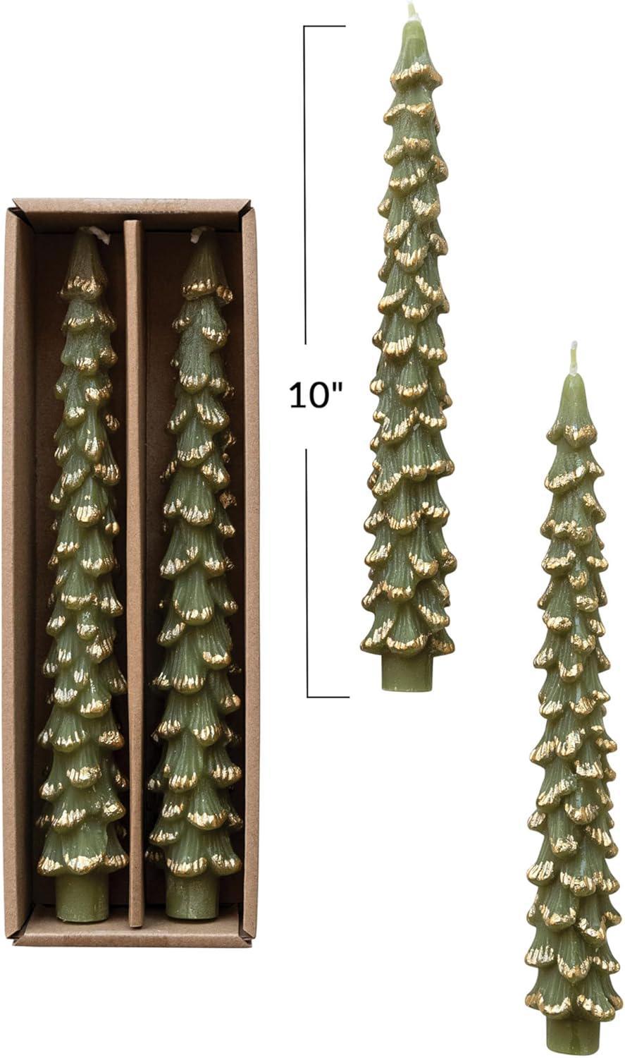 Set of green pine tree-shaped candles with a box and measurement label on a white background