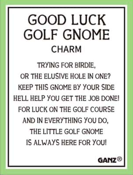 Advertisement for a 'Good Luck Golf Gnome' charm with text on a white background.