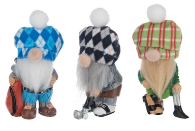 Three gnomes with checkered hats and different outfits on a white background