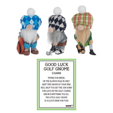 Three golf-themed gnomes with a 'Good Luck Golf Gnome' charm description on a white background.