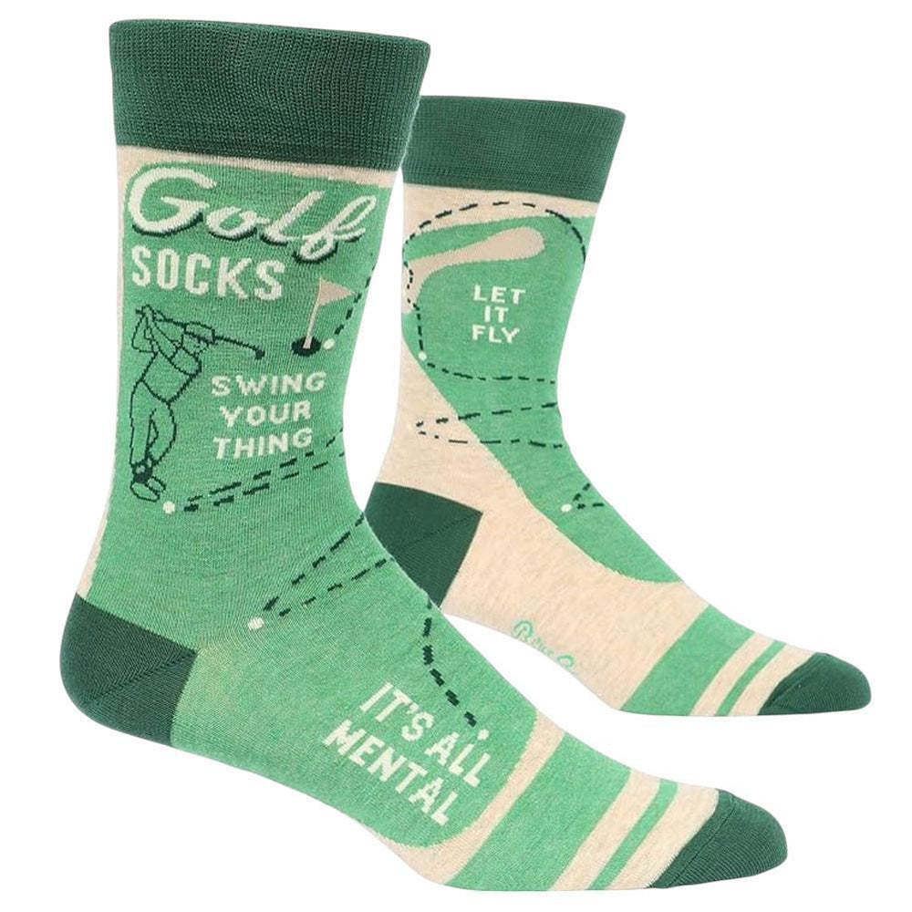 Green golf-themed socks with text and graphics on a white background