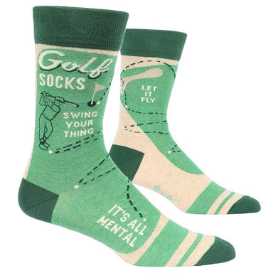 Green golf-themed socks with text and graphics on a white background
