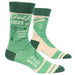 Green golf-themed socks with text and graphics on a white background