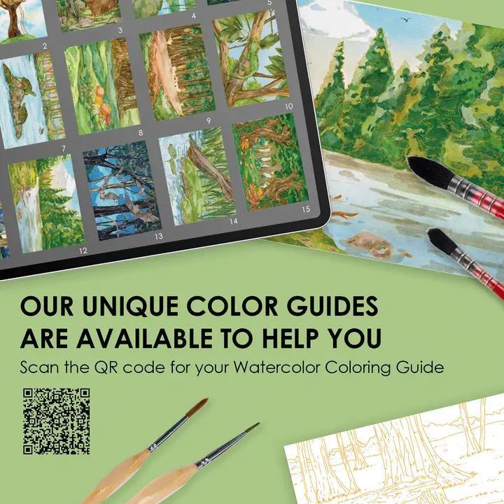Promotional image for watercolor coloring guides with a tablet displaying color swatches and a painting of a landscape.