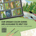 Promotional image for watercolor coloring guides with a tablet displaying color swatches and a painting of a landscape.