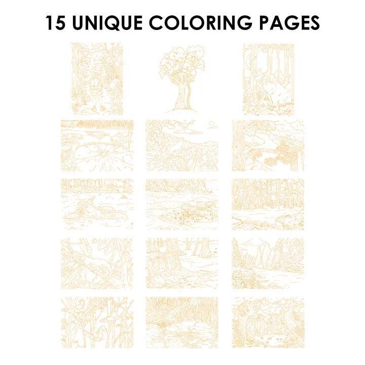 Grid of 15 unique coloring pages with abstract designs on a white background.