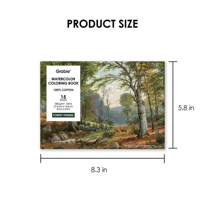 Grabie watercolor coloring book with forest-themed design and dimensions displayed.